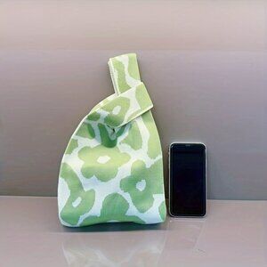 Travel Passions - Green and White Flowee Design Knitted Tote Bag